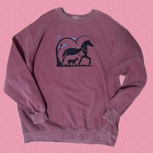 Grannycore Burgundy Pink Crewneck Sweatshirt Horse Dog Cat Animals